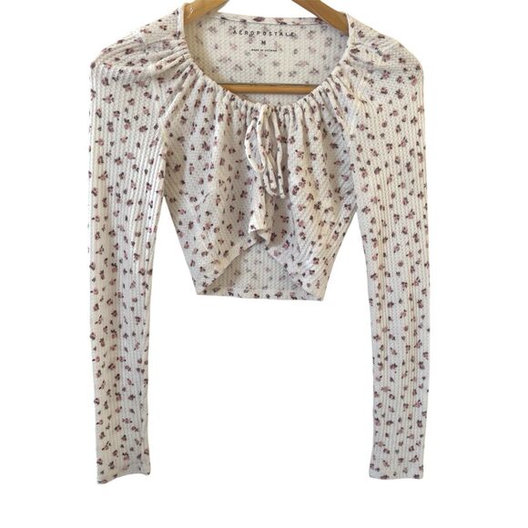 Aeropostale Womens Babydoll Top M White Floral Crop Y2K‎ Inspired Boho Milkmaid - Picture 1 of 10